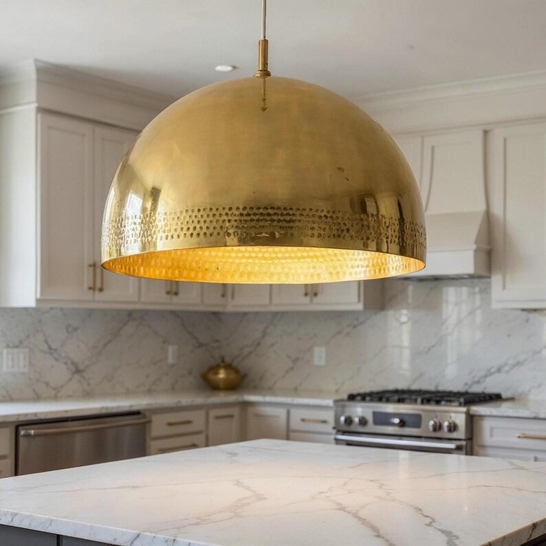 Polished Brass Dome Pendant Light, Handmade Moroccan Pierced Gold Brass Chandelier, Large Kitchen Island Hanging Lamp, Rustic Boho Farmhouse Dining Room Ceiling Light Fixture