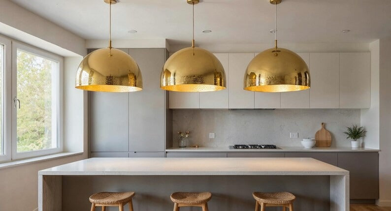 Polished Brass Dome Pendant Light, Handmade Moroccan Pierced Gold Brass Chandelier, Large Kitchen Island Hanging Lamp, Rustic Boho Farmhouse Dining Room Ceiling Light Fixture