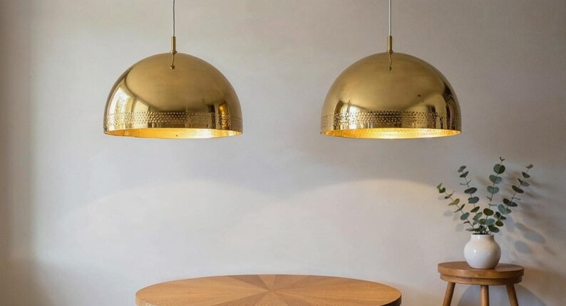 Polished Brass Dome Pendant Light, Handmade Moroccan Pierced Gold Brass Chandelier, Large Kitchen Island Hanging Lamp, Rustic Boho Farmhouse Dining Room Ceiling Light Fixture
