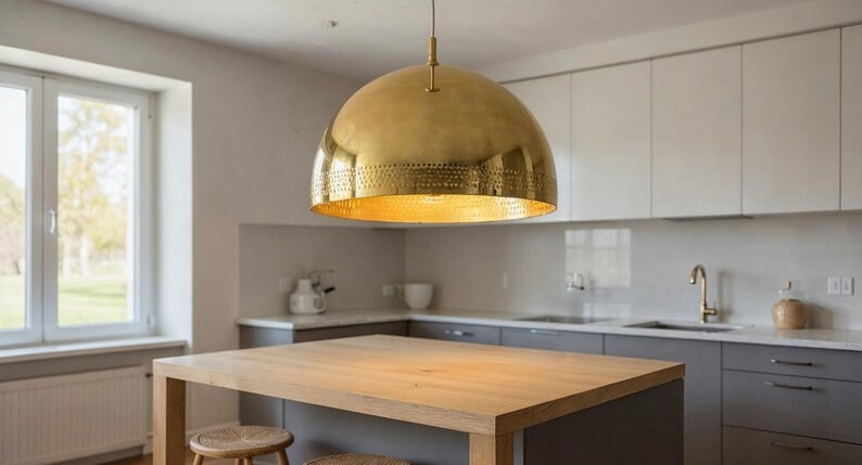 Polished Brass Dome Pendant Light, Handmade Moroccan Pierced Gold Brass Chandelier, Large Kitchen Island Hanging Lamp, Rustic Boho Farmhouse Dining Room Ceiling Light Fixture
