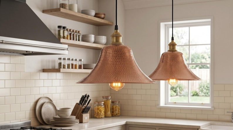 Handmade Brass Moroccan Pendant Light – Copper Hammered Brass Flared Dome Hanging Lamp, Rustic Farmhouse Kitchen Island Ceiling Fixture
