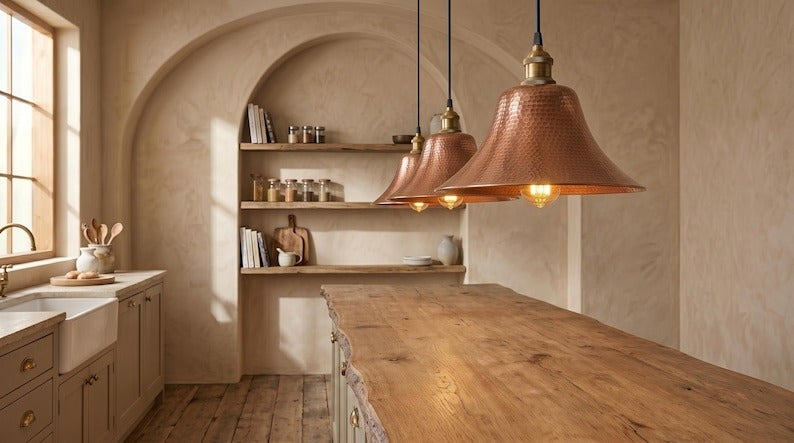 Handmade Brass Moroccan Pendant Light – Copper Hammered Brass Flared Dome Hanging Lamp, Rustic Farmhouse Kitchen Island Ceiling Fixture