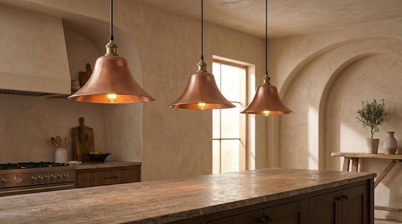 Handmade Brass Moroccan Pendant Light – Copper Hammered Brass Flared Dome Hanging Lamp, Rustic Farmhouse Kitchen Island Ceiling Fixture
