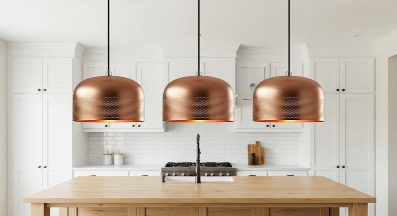 Handmade Blue Patina Brass Pendant Light – Moroccan Copper Dome Hanging Lamp with Warm Gold Interior for Kitchen Island, Dining Room & Boho Home Décor