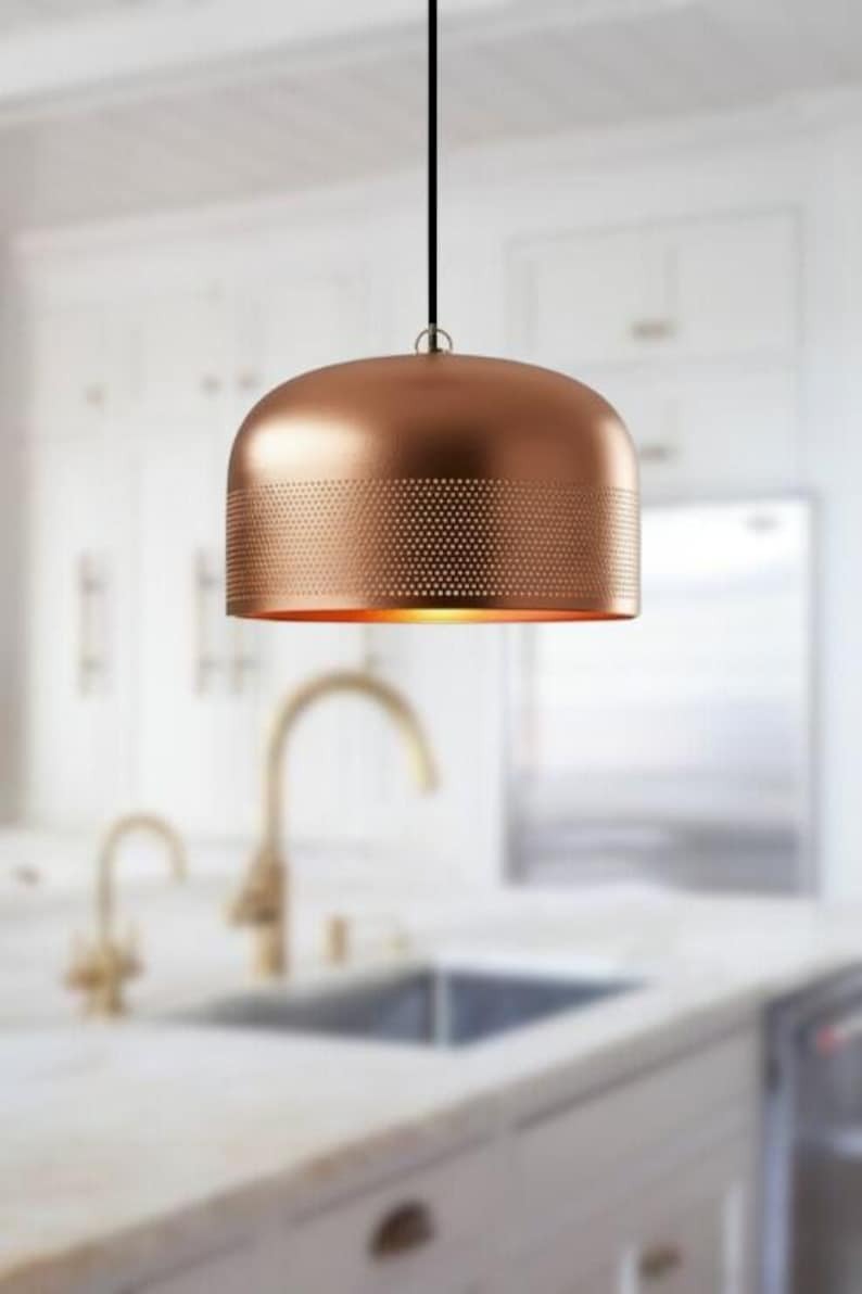 Handmade Blue Patina Brass Pendant Light – Moroccan Copper Dome Hanging Lamp with Warm Gold Interior for Kitchen Island, Dining Room & Boho Home Décor