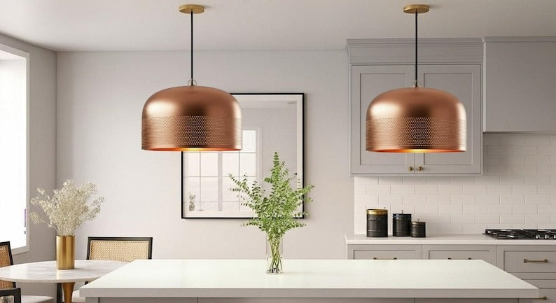 Handmade Blue Patina Brass Pendant Light – Moroccan Copper Dome Hanging Lamp with Warm Gold Interior for Kitchen Island, Dining Room & Boho Home Décor