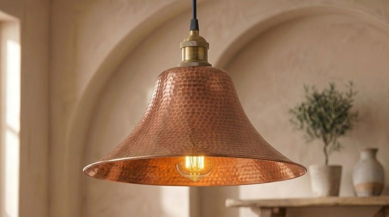 Handmade Brass Moroccan Pendant Light – Copper Hammered Brass Flared Dome Hanging Lamp, Rustic Farmhouse Kitchen Island Ceiling Fixture