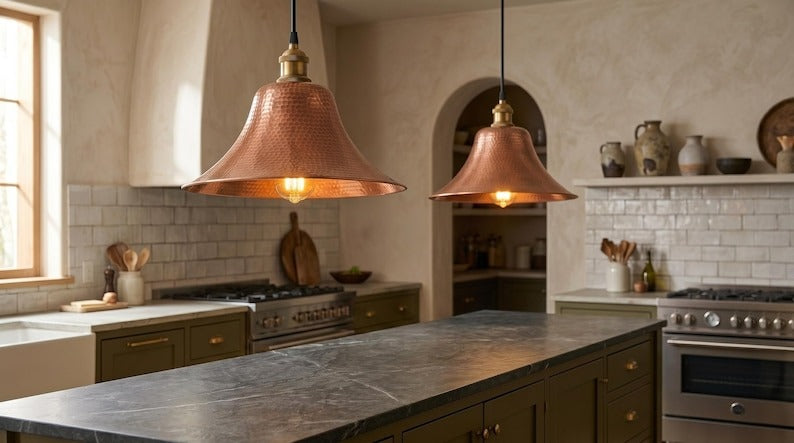 Handmade Brass Moroccan Pendant Light – Copper Hammered Brass Flared Dome Hanging Lamp, Rustic Farmhouse Kitchen Island Ceiling Fixture