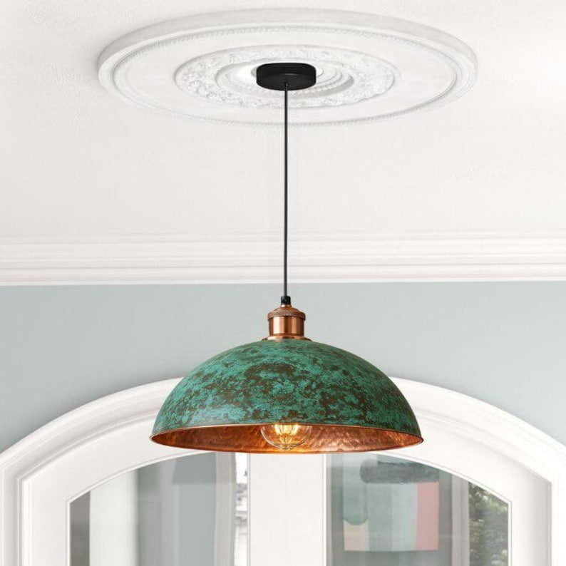 Handmade Green Patina Brass Pendant Light – Moroccan Wide Dome Hanging Lamp with Hammered Copper Brass Interior for Kitchen Island, Dining Room & Boho Home Décor