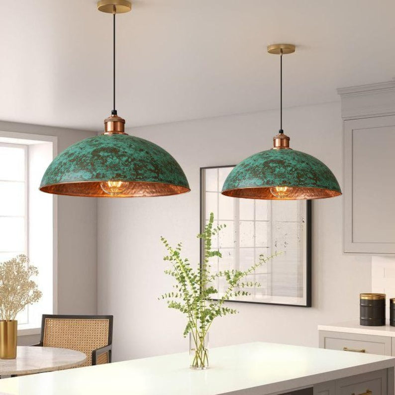Handmade Green Patina Brass Pendant Light – Moroccan Wide Dome Hanging Lamp with Hammered Copper Brass Interior for Kitchen Island, Dining Room & Boho Home Décor