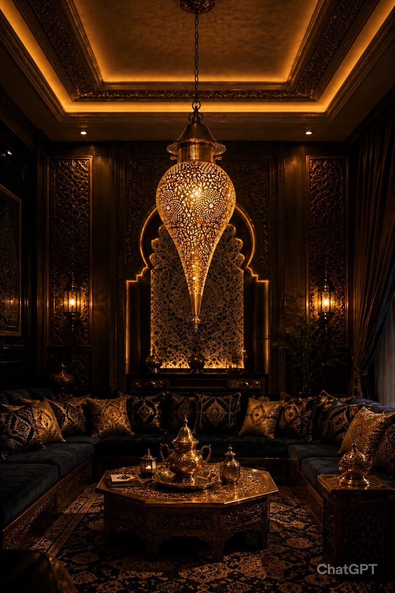Moroccan Pierced Brass Teardrop Pendant Light, Handmade Moorish Floral Lantern Chandelier, Luxury Gold Arabic Hanging Lamp, Boho Filigree Shadow Ceiling Light Fixture