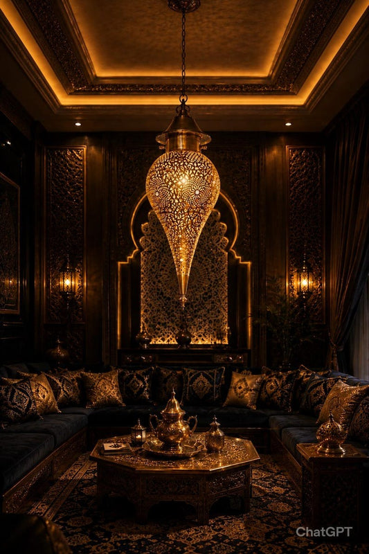 Moroccan Pierced Brass Teardrop Pendant Light, Handmade Moorish Floral Lantern Chandelier, Luxury Gold Arabic Hanging Lamp, Boho Filigree Shadow Ceiling Light Fixture