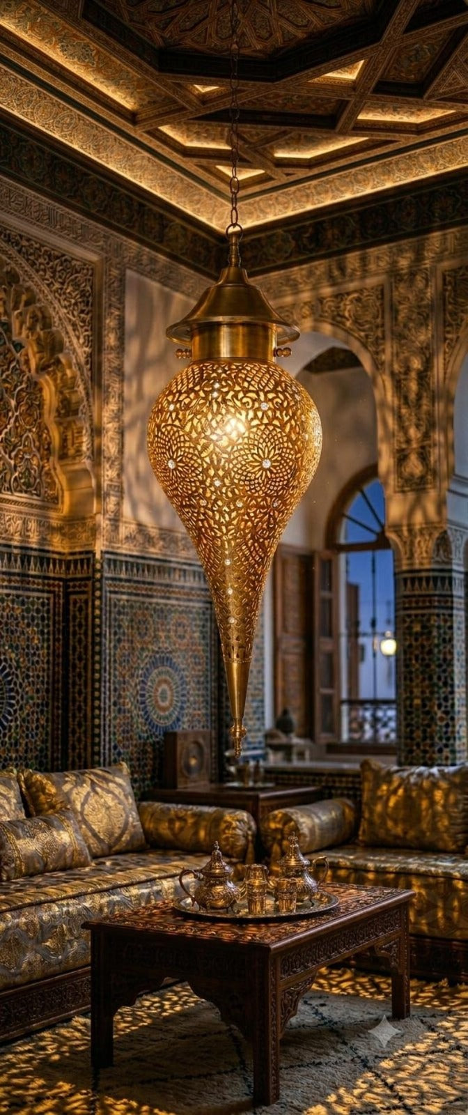 Moroccan Pierced Brass Teardrop Pendant Light, Handmade Moorish Floral Lantern Chandelier, Luxury Gold Arabic Hanging Lamp, Boho Filigree Shadow Ceiling Light Fixture