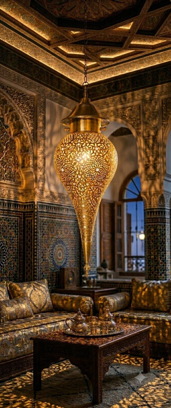 Moroccan Pierced Brass Teardrop Pendant Light, Handmade Moorish Floral Lantern Chandelier, Luxury Gold Arabic Hanging Lamp, Boho Filigree Shadow Ceiling Light Fixture
