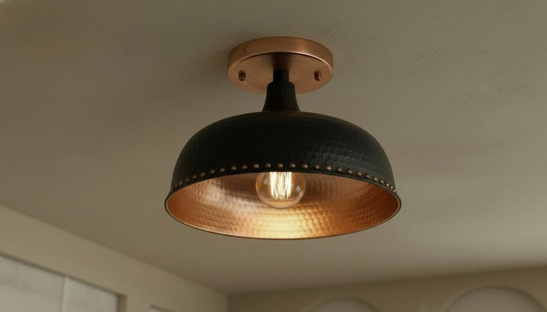 Handmade Moroccan Brass Semi-Flush Mount Ceiling Light – Black Hammered Dome Fixture with Warm Copper Interior and Rivet Detail