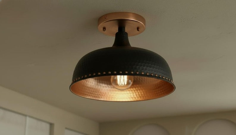 Handmade Moroccan Brass Semi-Flush Mount Ceiling Light – Black Hammered Dome Fixture with Warm Copper Interior and Rivet Detail