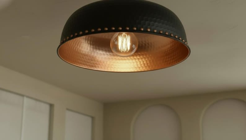 Handmade Moroccan Brass Semi-Flush Mount Ceiling Light – Black Hammered Dome Fixture with Warm Copper Interior and Rivet Detail