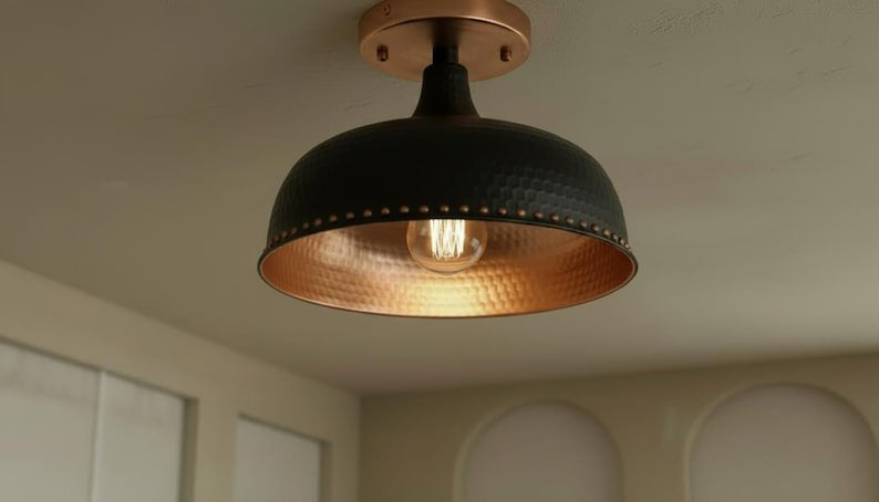 Handmade Moroccan Brass Semi-Flush Mount Ceiling Light – Black Hammered Dome Fixture with Warm Copper Interior and Rivet Detail