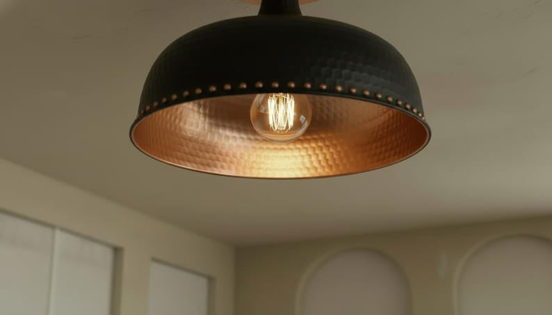 Handmade Moroccan Brass Semi-Flush Mount Ceiling Light – Black Hammered Dome Fixture with Warm Copper Interior and Rivet Detail