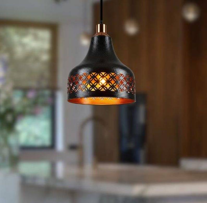 Handmade Black Brass Pendant Light – Moroccan Floral Cutout Hanging Lamp with Copper Accents & Warm Gold Interior for Kitchen Island, Dining Room & Boho Home Décor