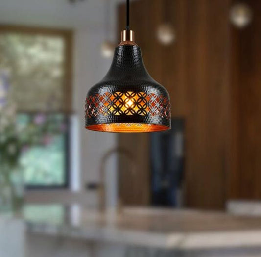 Handmade Black Brass Pendant Light – Moroccan Floral Cutout Hanging Lamp with Copper Accents & Warm Gold Interior for Kitchen Island, Dining Room & Boho Home Décor