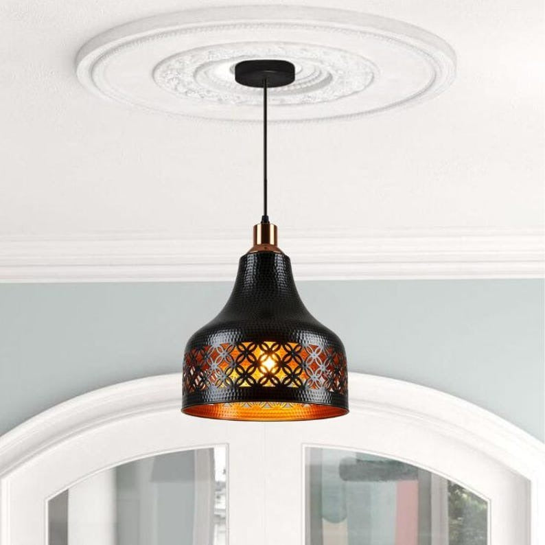 Handmade Black Brass Pendant Light – Moroccan Floral Cutout Hanging Lamp with Copper Accents & Warm Gold Interior for Kitchen Island, Dining Room & Boho Home Décor