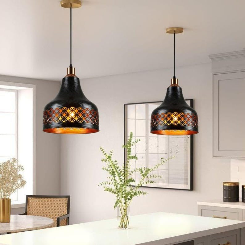Handmade Black Brass Pendant Light – Moroccan Floral Cutout Hanging Lamp with Copper Accents & Warm Gold Interior for Kitchen Island, Dining Room & Boho Home Décor