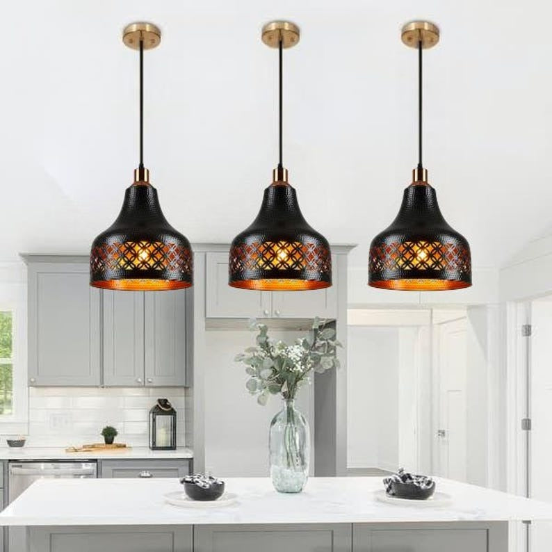 Handmade Black Brass Pendant Light – Moroccan Floral Cutout Hanging Lamp with Copper Accents & Warm Gold Interior for Kitchen Island, Dining Room & Boho Home Décor