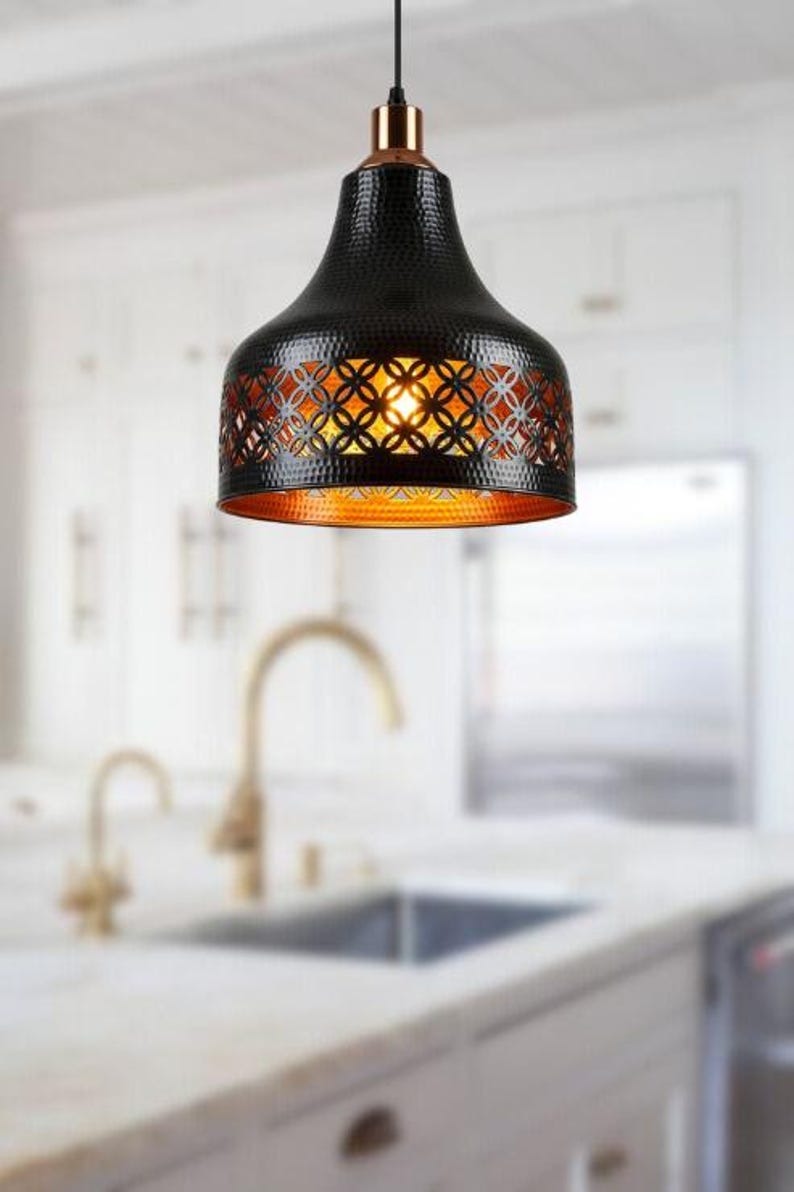 Handmade Black Brass Pendant Light – Moroccan Floral Cutout Hanging Lamp with Copper Accents & Warm Gold Interior for Kitchen Island, Dining Room & Boho Home Décor