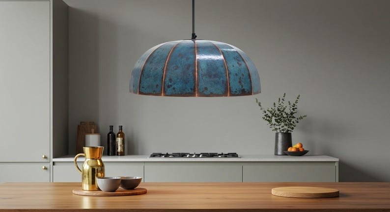 Blue Patina Copper Pendant Light, Handmade Segmented Dome Kitchen Island Lamp, Moroccan Hammered Ceiling Chandelier with Copper Ribs