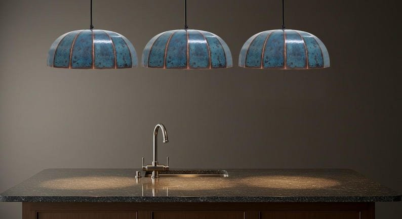 Blue Patina Copper Pendant Light, Handmade Segmented Dome Kitchen Island Lamp, Moroccan Hammered Ceiling Chandelier with Copper Ribs