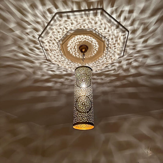 Moroccan Brass Pierced Cylinder Pendant Light, Handmade Moorish Geometric Hanging Lamp, Boho Arabic Shadow Chandelier, Antique Gold Brass Ceiling Light Fixture