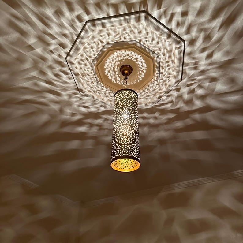 Moroccan Brass Pierced Cylinder Pendant Light, Handmade Moorish Geometric Hanging Lamp, Boho Arabic Shadow Chandelier, Antique Gold Brass Ceiling Light Fixture