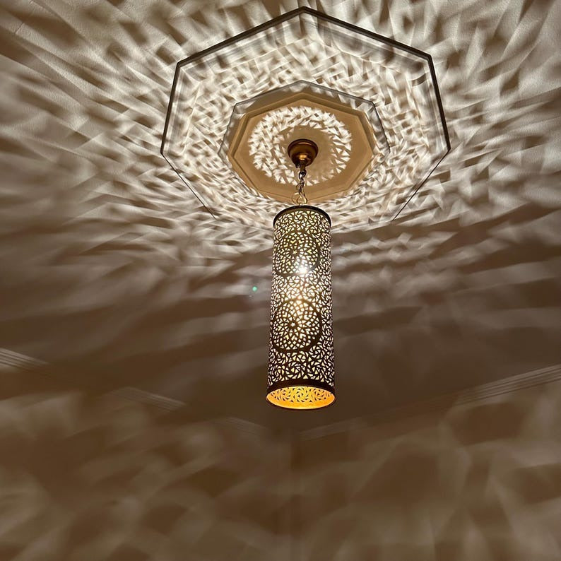 Moroccan Brass Pierced Cylinder Pendant Light, Handmade Moorish Geometric Hanging Lamp, Boho Arabic Shadow Chandelier, Antique Gold Brass Ceiling Light Fixture