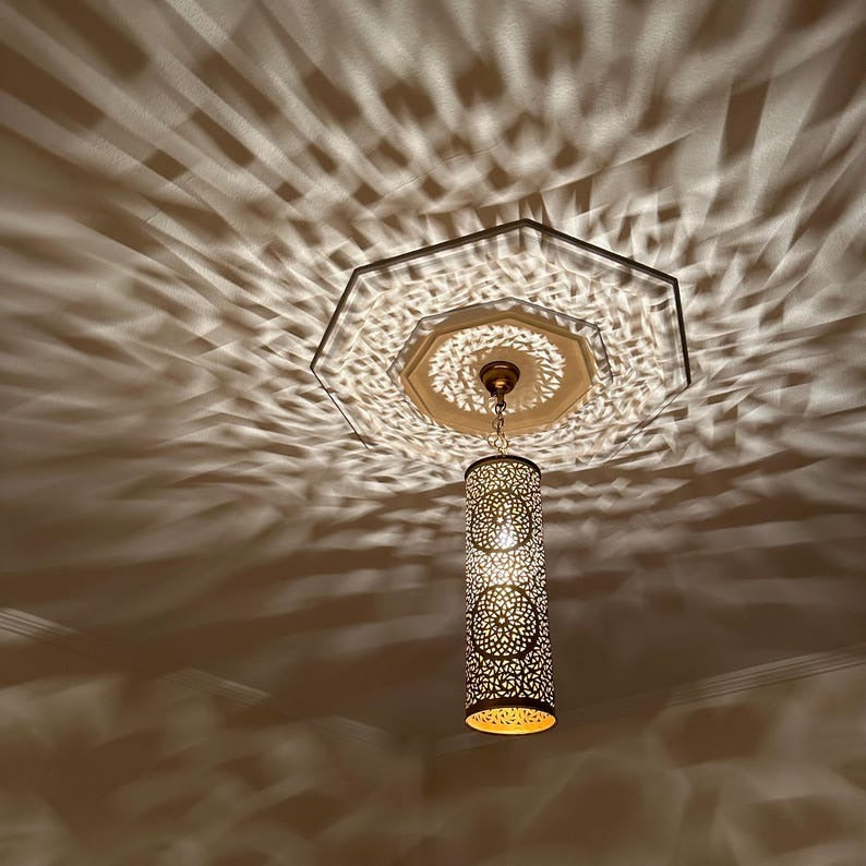 Moroccan Brass Pierced Cylinder Pendant Light, Handmade Moorish Geometric Hanging Lamp, Boho Arabic Shadow Chandelier, Antique Gold Brass Ceiling Light Fixture