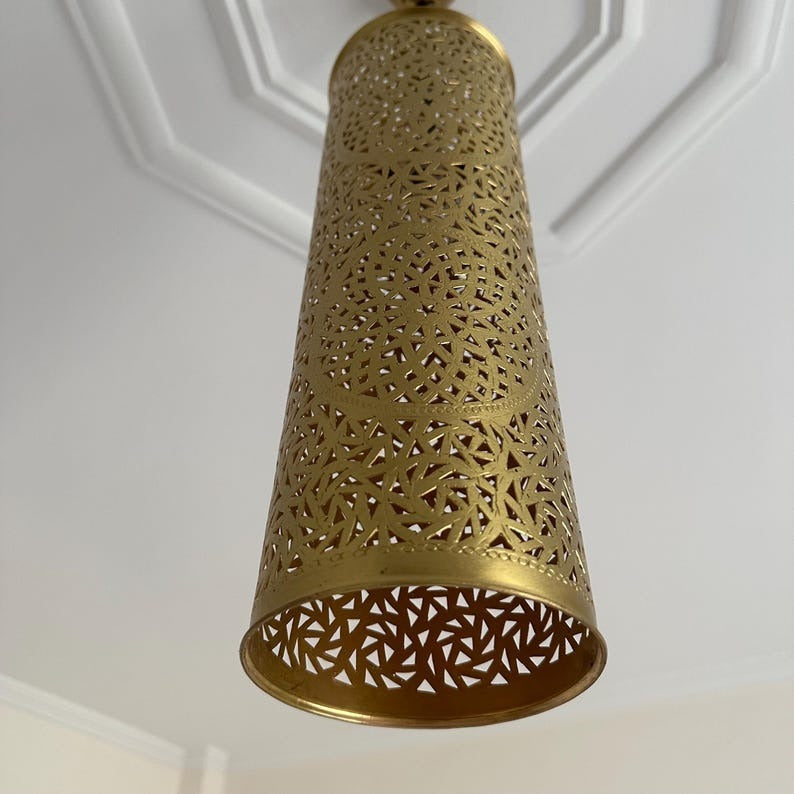Moroccan Brass Pierced Cylinder Pendant Light, Handmade Moorish Geometric Hanging Lamp, Boho Arabic Shadow Chandelier, Antique Gold Brass Ceiling Light Fixture