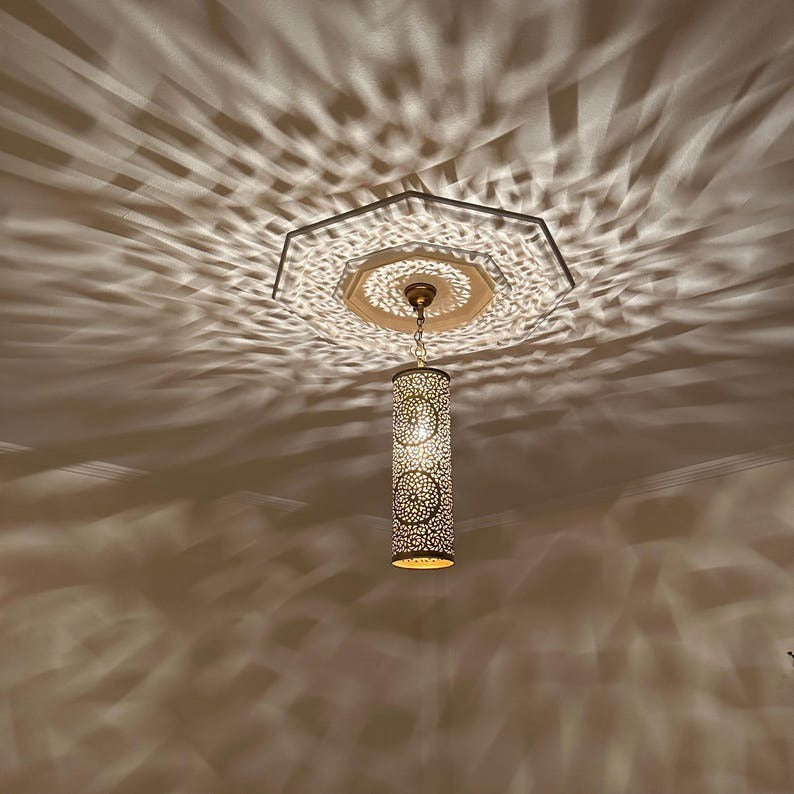 Moroccan Brass Pierced Cylinder Pendant Light, Handmade Moorish Geometric Hanging Lamp, Boho Arabic Shadow Chandelier, Antique Gold Brass Ceiling Light Fixture