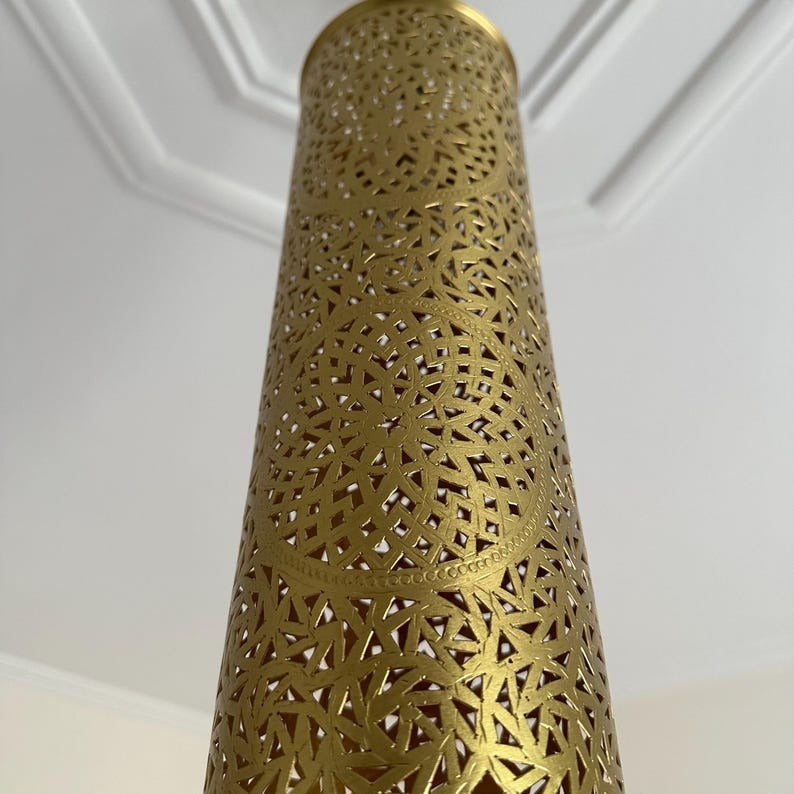 Moroccan Brass Pierced Cylinder Pendant Light, Handmade Moorish Geometric Hanging Lamp, Boho Arabic Shadow Chandelier, Antique Gold Brass Ceiling Light Fixture