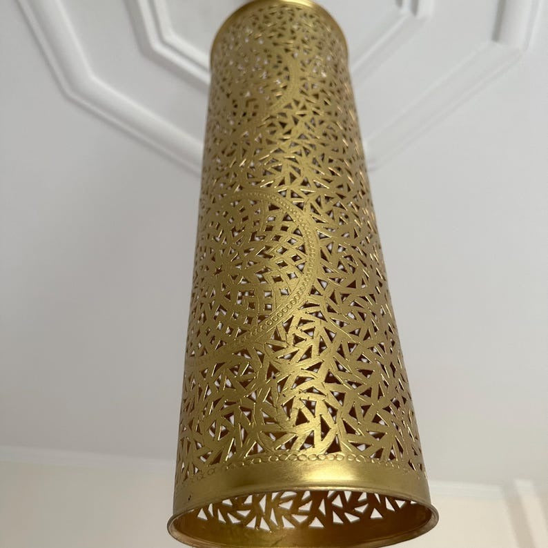 Moroccan Brass Pierced Cylinder Pendant Light, Handmade Moorish Geometric Hanging Lamp, Boho Arabic Shadow Chandelier, Antique Gold Brass Ceiling Light Fixture