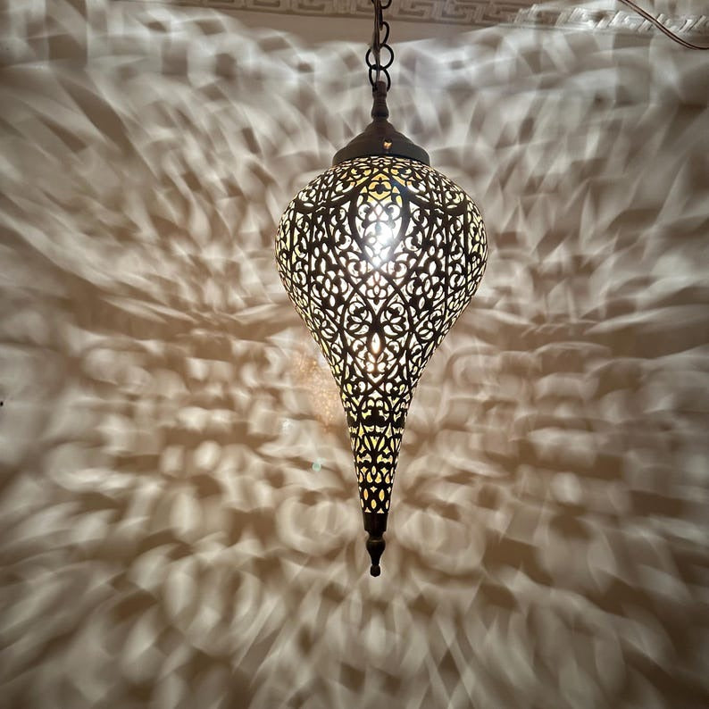 Moroccan Pierced Teardrop Pendant Light, Handmade Moorish Black Filigree Hanging Lamp, Boho Arabic Shadow Chandelier, Ornate Metal Ceiling Light Fixture