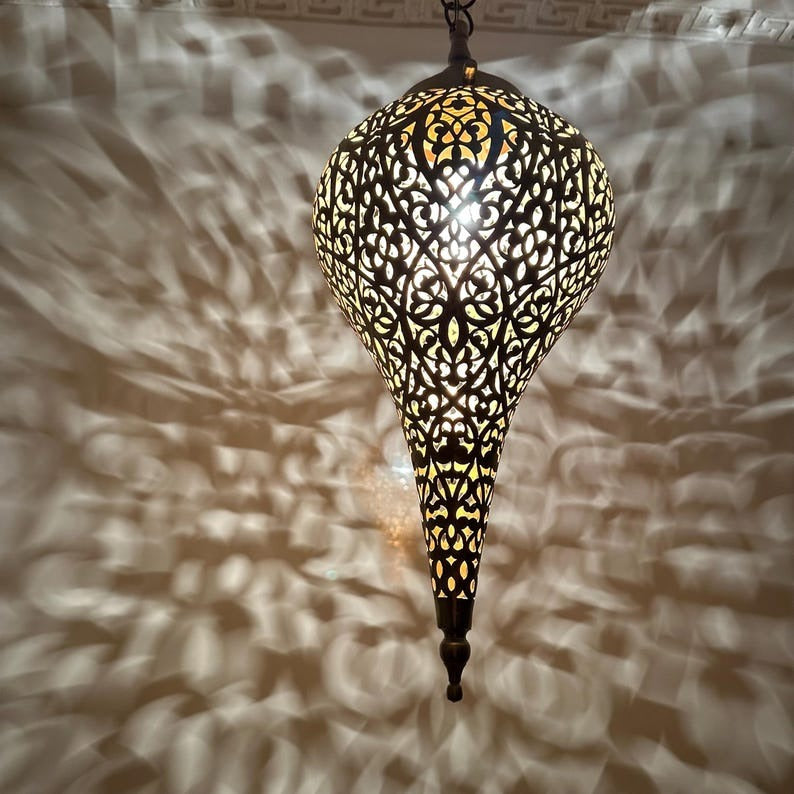 Moroccan Pierced Teardrop Pendant Light, Handmade Moorish Black Filigree Hanging Lamp, Boho Arabic Shadow Chandelier, Ornate Metal Ceiling Light Fixture