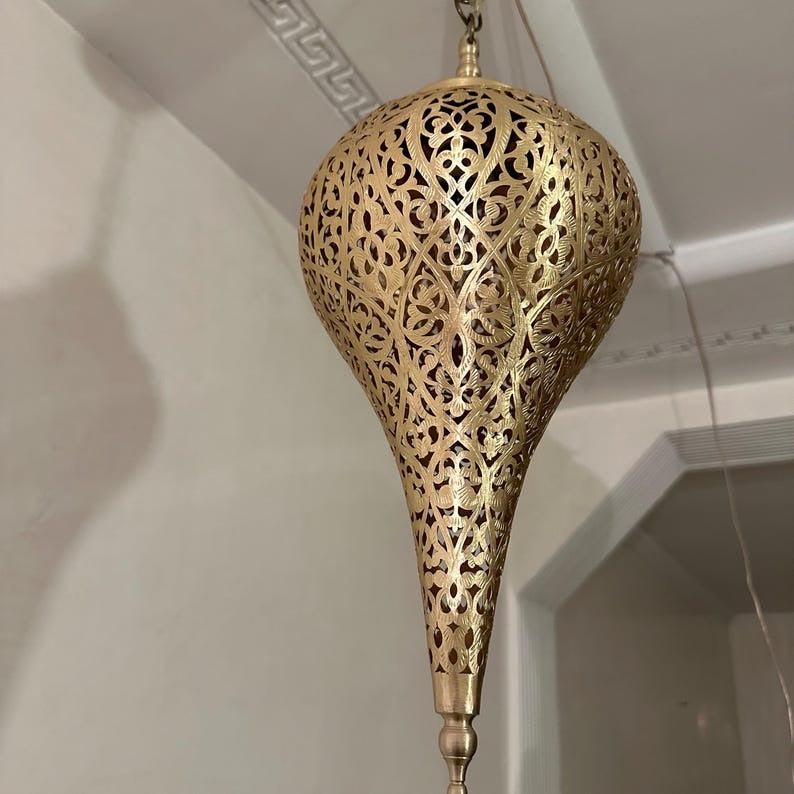 Moroccan Pierced Teardrop Pendant Light, Handmade Moorish Black Filigree Hanging Lamp, Boho Arabic Shadow Chandelier, Ornate Metal Ceiling Light Fixture