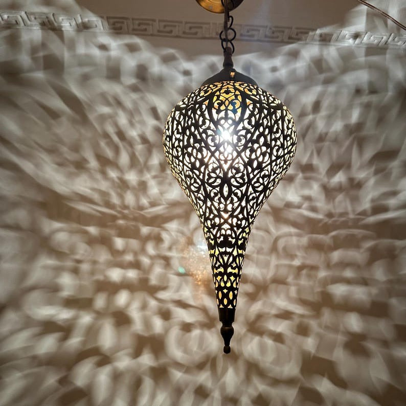 Moroccan Pierced Teardrop Pendant Light, Handmade Moorish Black Filigree Hanging Lamp, Boho Arabic Shadow Chandelier, Ornate Metal Ceiling Light Fixture