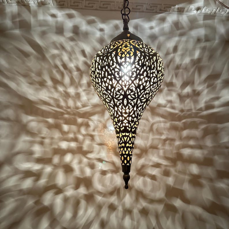 Moroccan Pierced Teardrop Pendant Light, Handmade Moorish Black Filigree Hanging Lamp, Boho Arabic Shadow Chandelier, Ornate Metal Ceiling Light Fixture