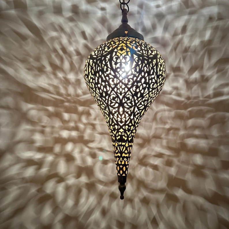 Moroccan Pierced Teardrop Pendant Light, Handmade Moorish Black Filigree Hanging Lamp, Boho Arabic Shadow Chandelier, Ornate Metal Ceiling Light Fixture