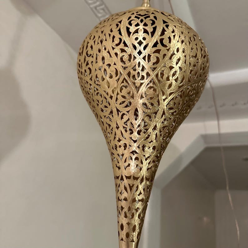 Moroccan Pierced Teardrop Pendant Light, Handmade Moorish Black Filigree Hanging Lamp, Boho Arabic Shadow Chandelier, Ornate Metal Ceiling Light Fixture