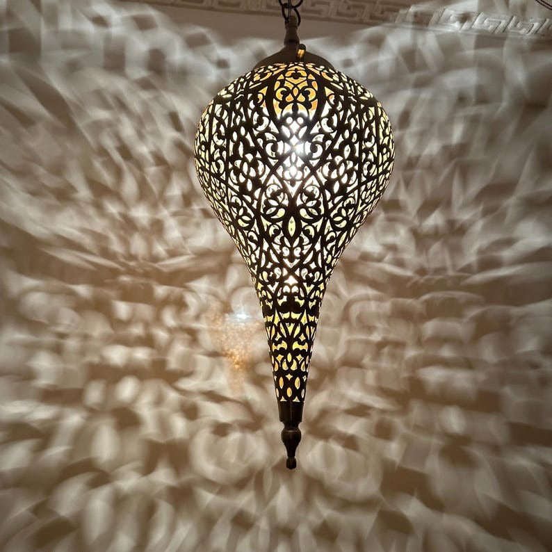 Moroccan Pierced Teardrop Pendant Light, Handmade Moorish Black Filigree Hanging Lamp, Boho Arabic Shadow Chandelier, Ornate Metal Ceiling Light Fixture