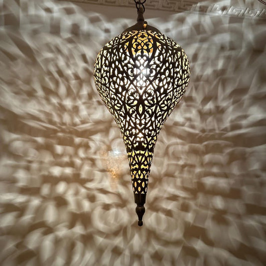 Moroccan Pierced Teardrop Pendant Light, Handmade Moorish Black Filigree Hanging Lamp, Boho Arabic Shadow Chandelier, Ornate Metal Ceiling Light Fixture