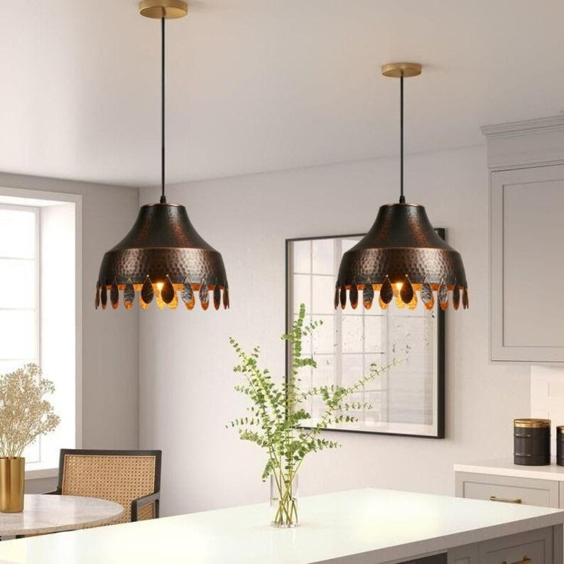 Handmade Hammered Brass Pendant Light – Moroccan Dark Copper Hanging Lamp with Leaf Cutout Edge for Kitchen Island, Dining Room & Boho Home Décor
