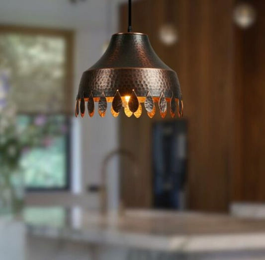 Handmade Hammered Brass Pendant Light – Moroccan Dark Copper Hanging Lamp with Leaf Cutout Edge for Kitchen Island, Dining Room & Boho Home Décor
